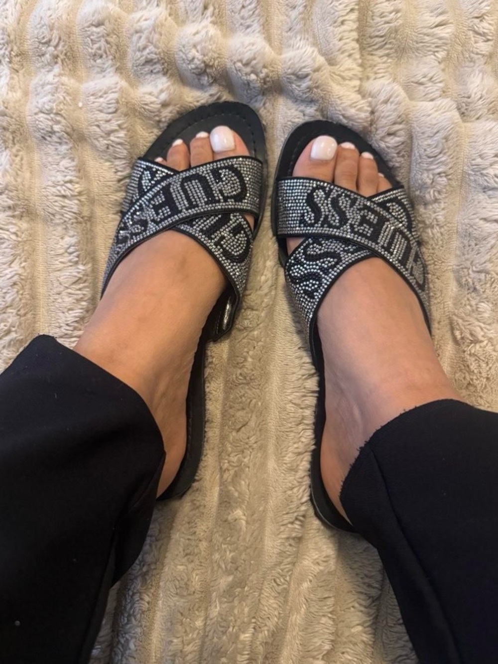 Guess Black Crystal Cross-Strap Slide Sandals